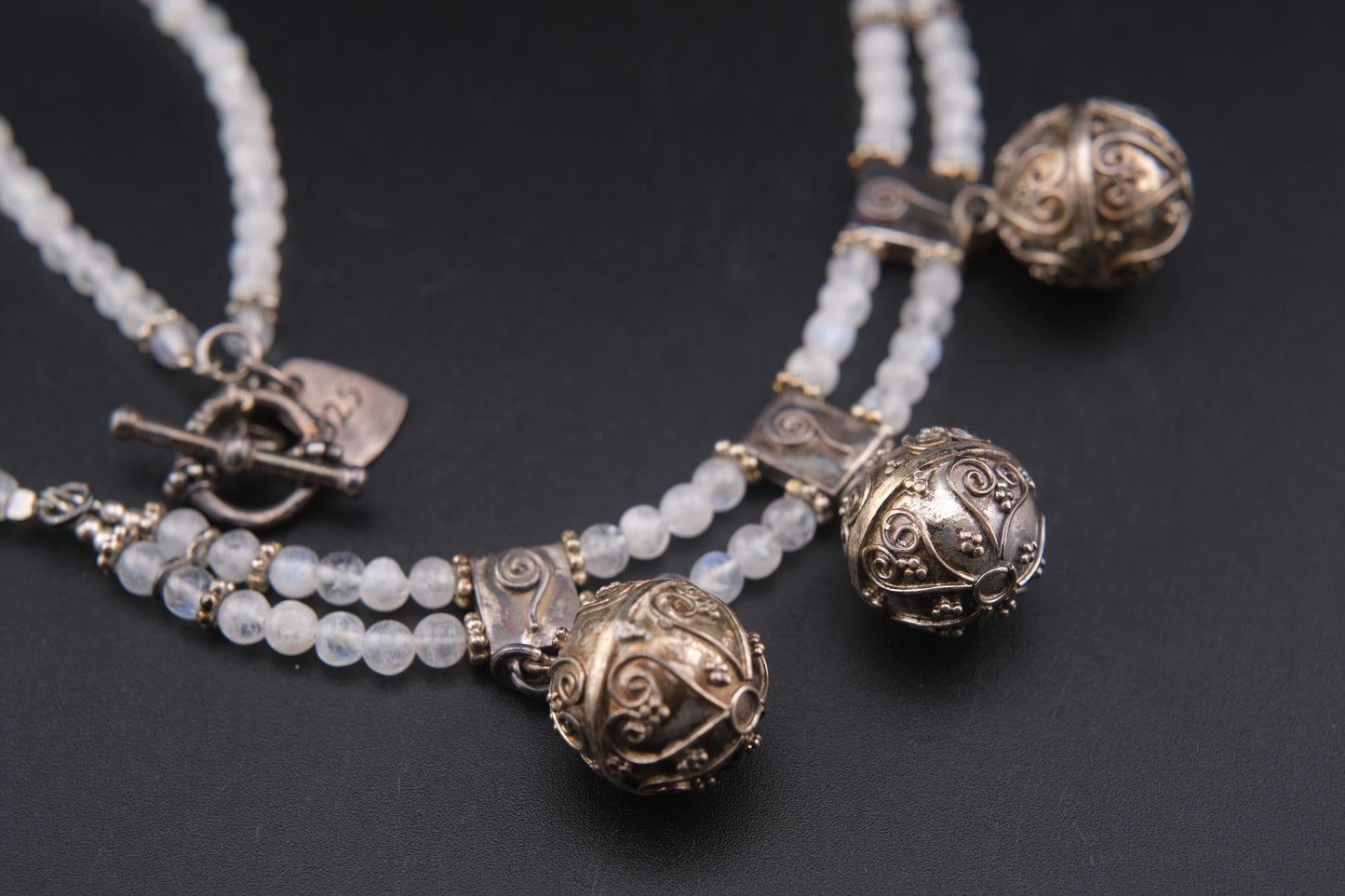 Vintage Sterling Silver Harmony Bell Necklace with Moonstone-Like Beads