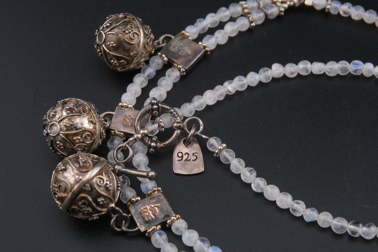 Vintage Sterling Silver Harmony Bell Necklace with Moonstone-Like Beads