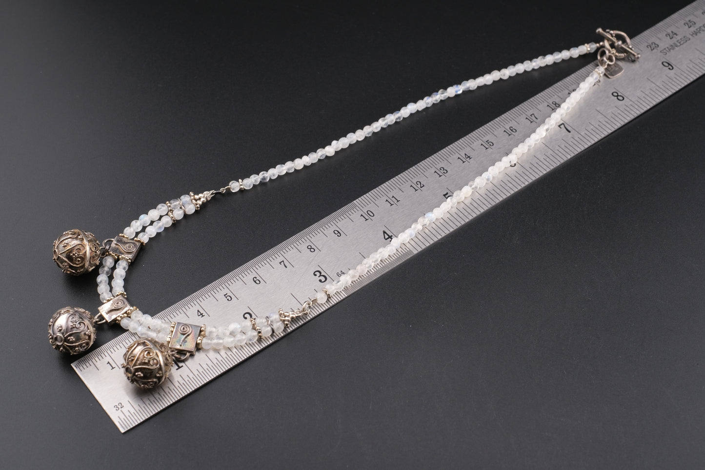 Vintage Sterling Silver Harmony Bell Necklace with Moonstone-Like Beads