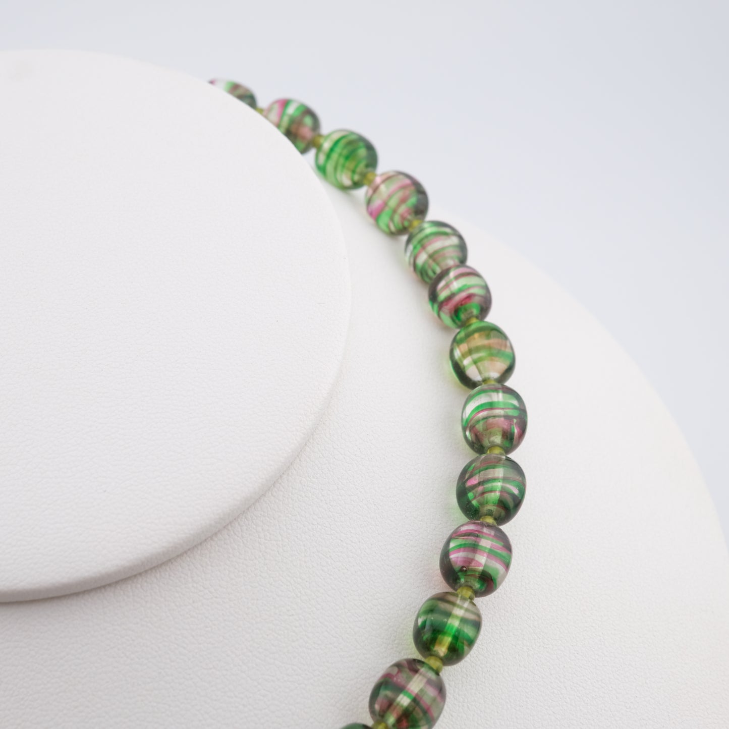 Kenzo Glass Beaded Necklace – Striped Green & Pink Beads – 16” – Vintage Designer Jewelry