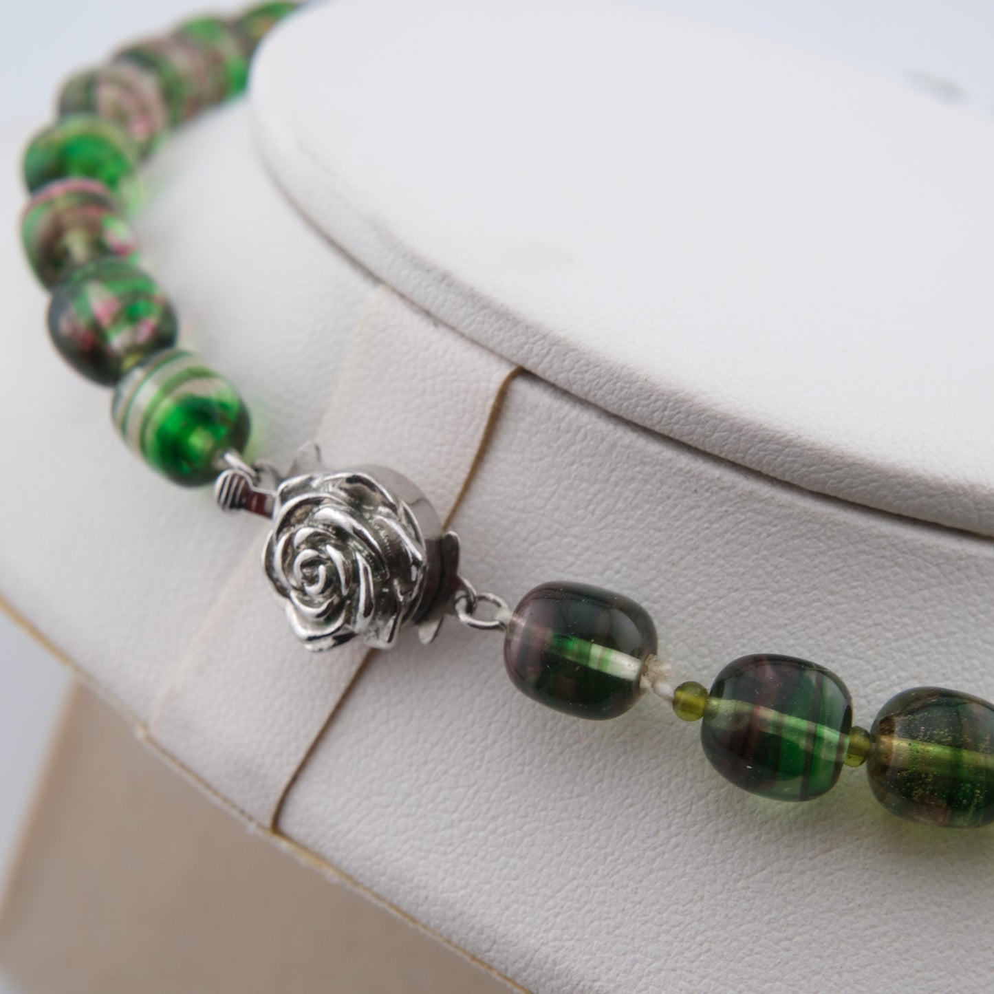 Kenzo Glass Beaded Necklace – Striped Green & Pink Beads – 16” – Vintage Designer Jewelry