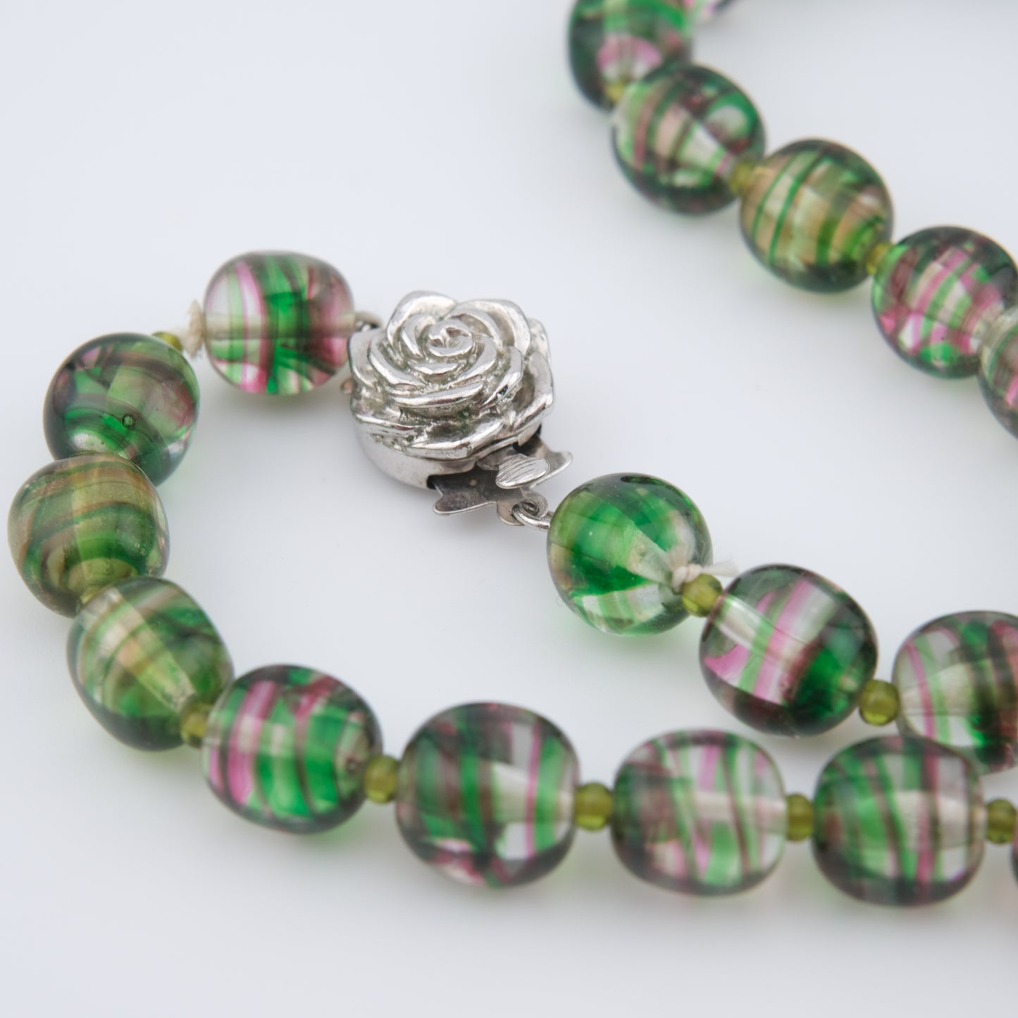 Kenzo Glass Beaded Necklace – Striped Green & Pink Beads – 16” – Vintage Designer Jewelry