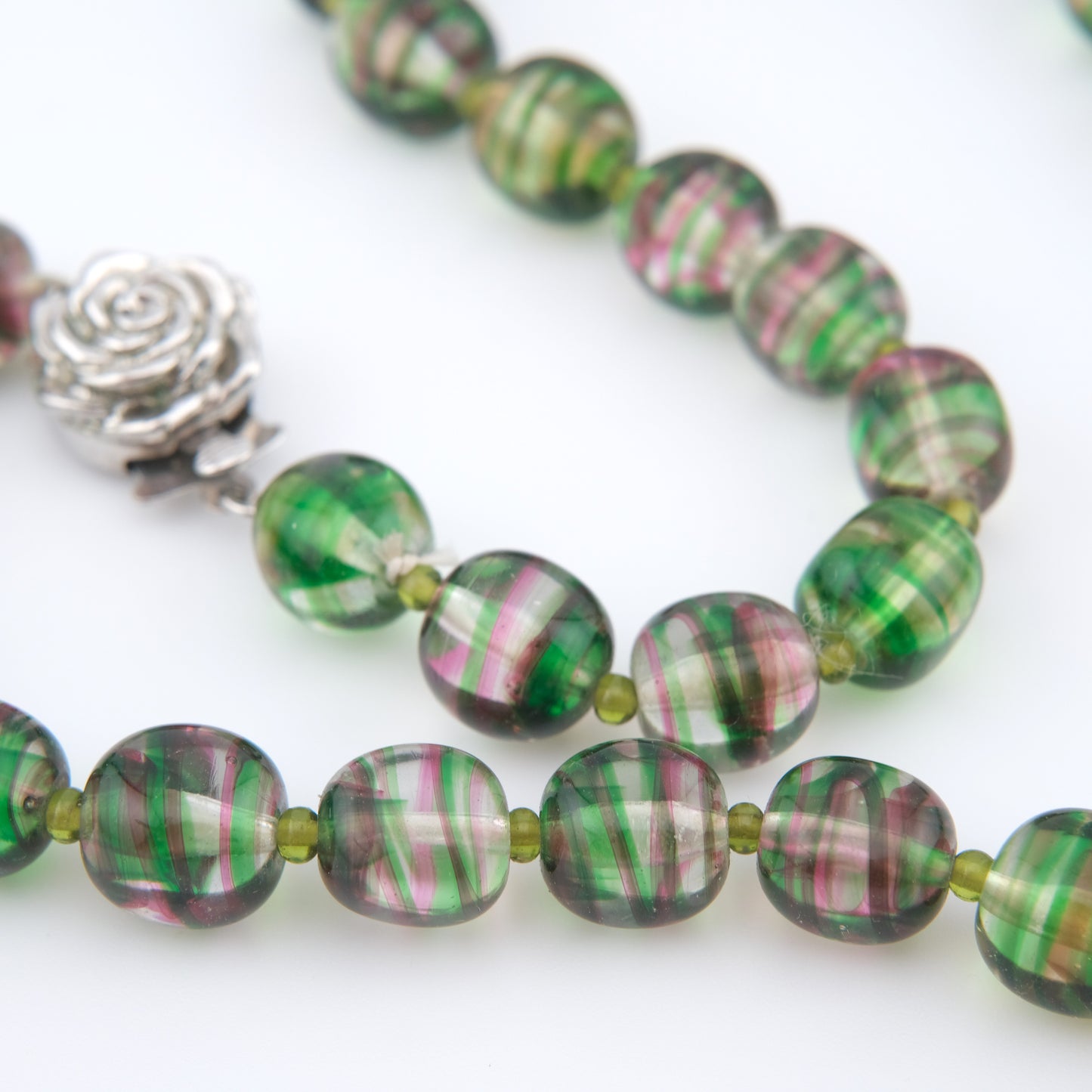 Kenzo Glass Beaded Necklace – Striped Green & Pink Beads – 16” – Vintage Designer Jewelry