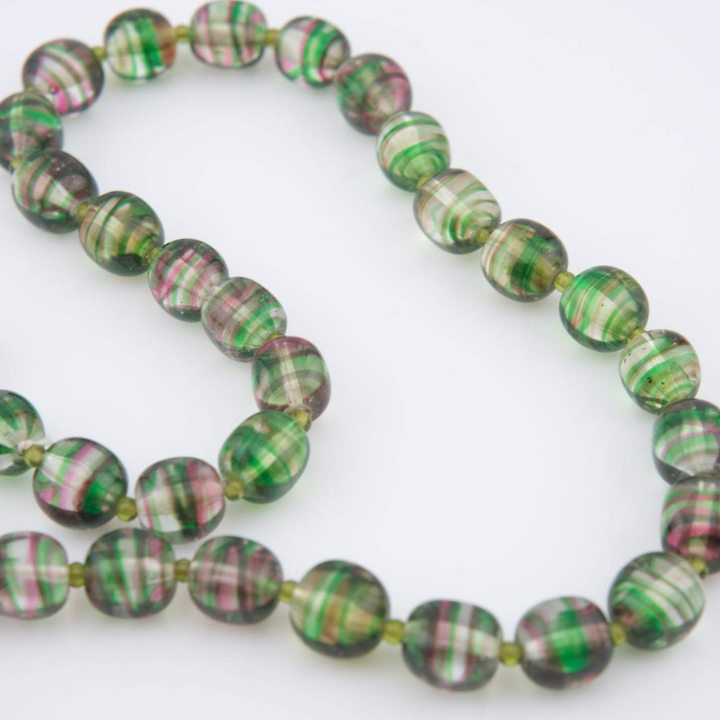 Kenzo Glass Beaded Necklace – Striped Green & Pink Beads – 16” – Vintage Designer Jewelry
