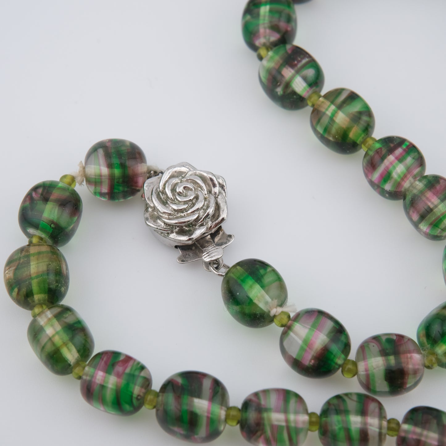 Kenzo Glass Beaded Necklace – Striped Green & Pink Beads – 16” – Vintage Designer Jewelry