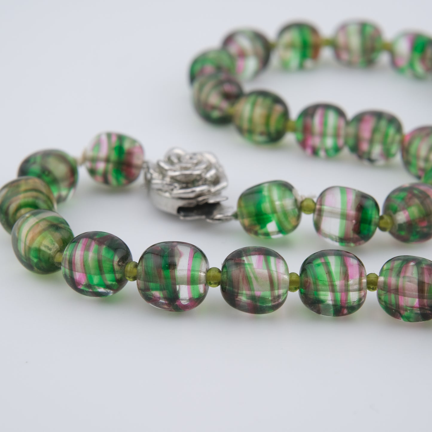 Kenzo Glass Beaded Necklace – Striped Green & Pink Beads – 16” – Vintage Designer Jewelry