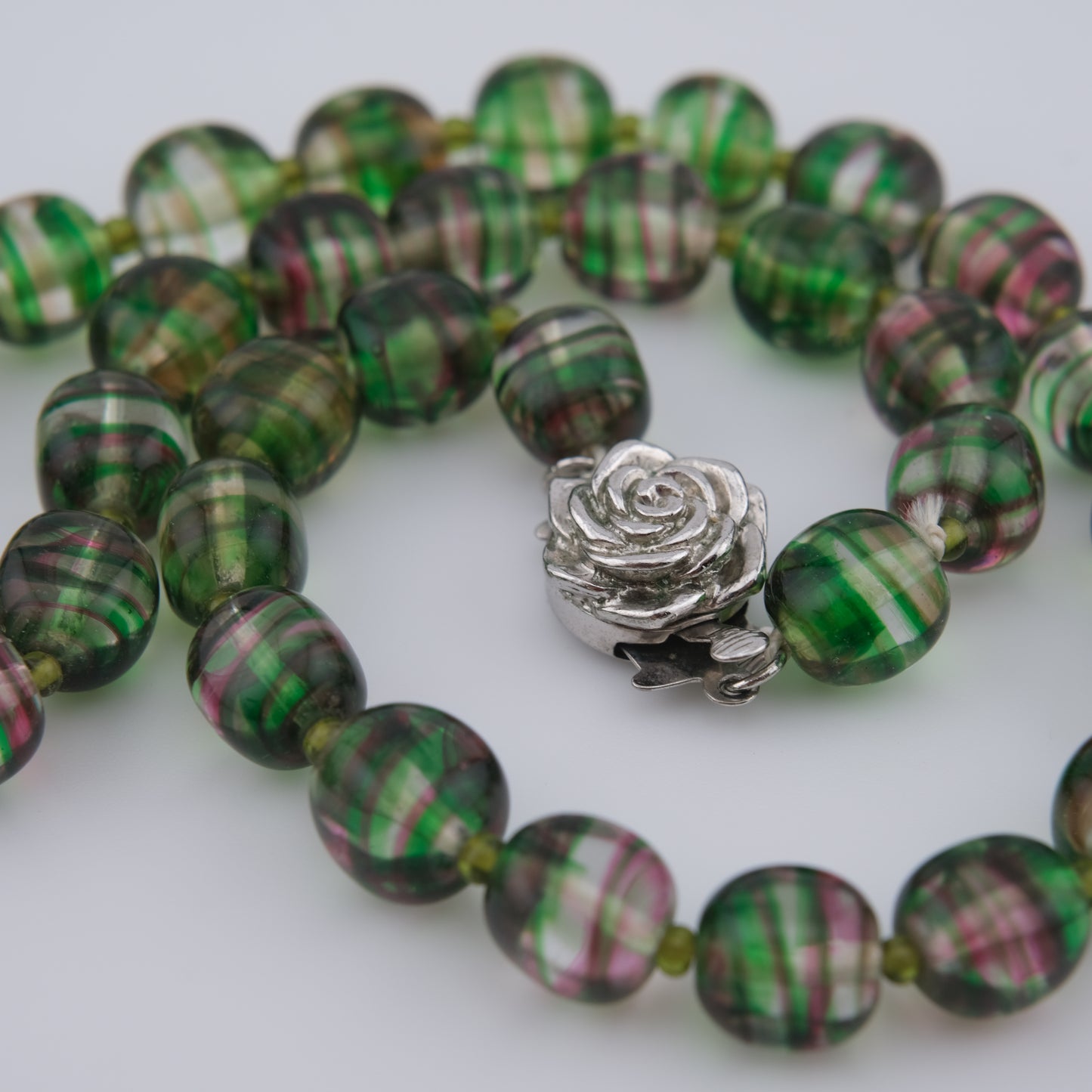 Kenzo Glass Beaded Necklace – Striped Green & Pink Beads – 16” – Vintage Designer Jewelry