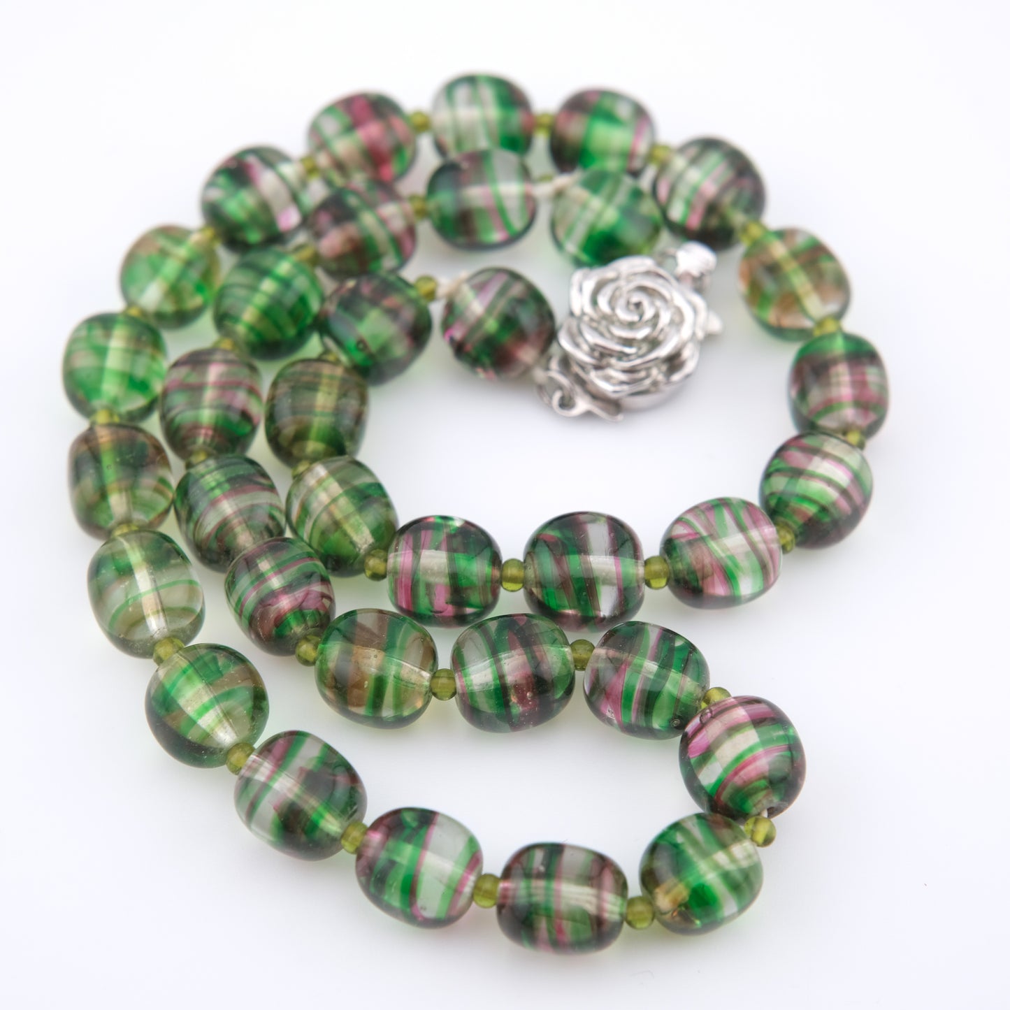 Kenzo Glass Beaded Necklace – Striped Green & Pink Beads – 16” – Vintage Designer Jewelry
