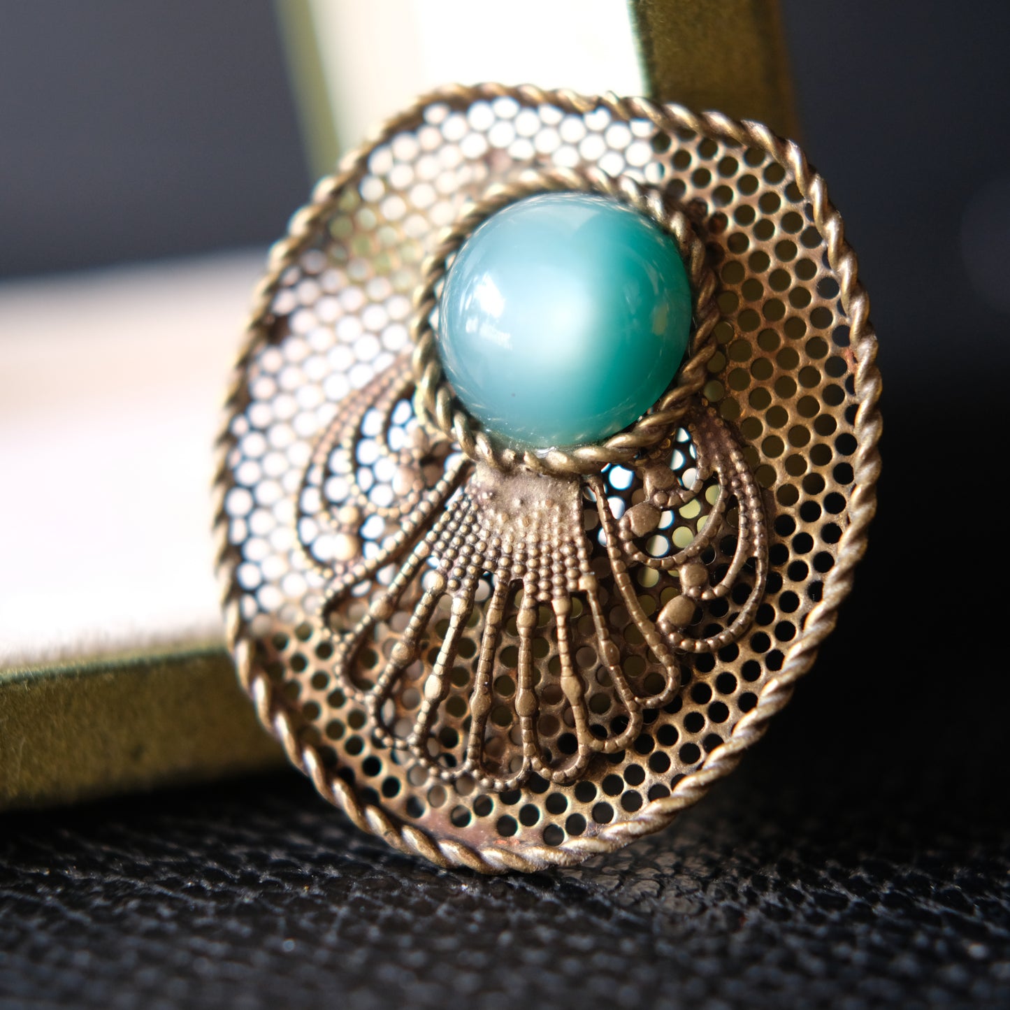 Vintage Brass Filigree Scarf Clip with Turquoise Glass Cabochon – 1950s Costume Jewelry