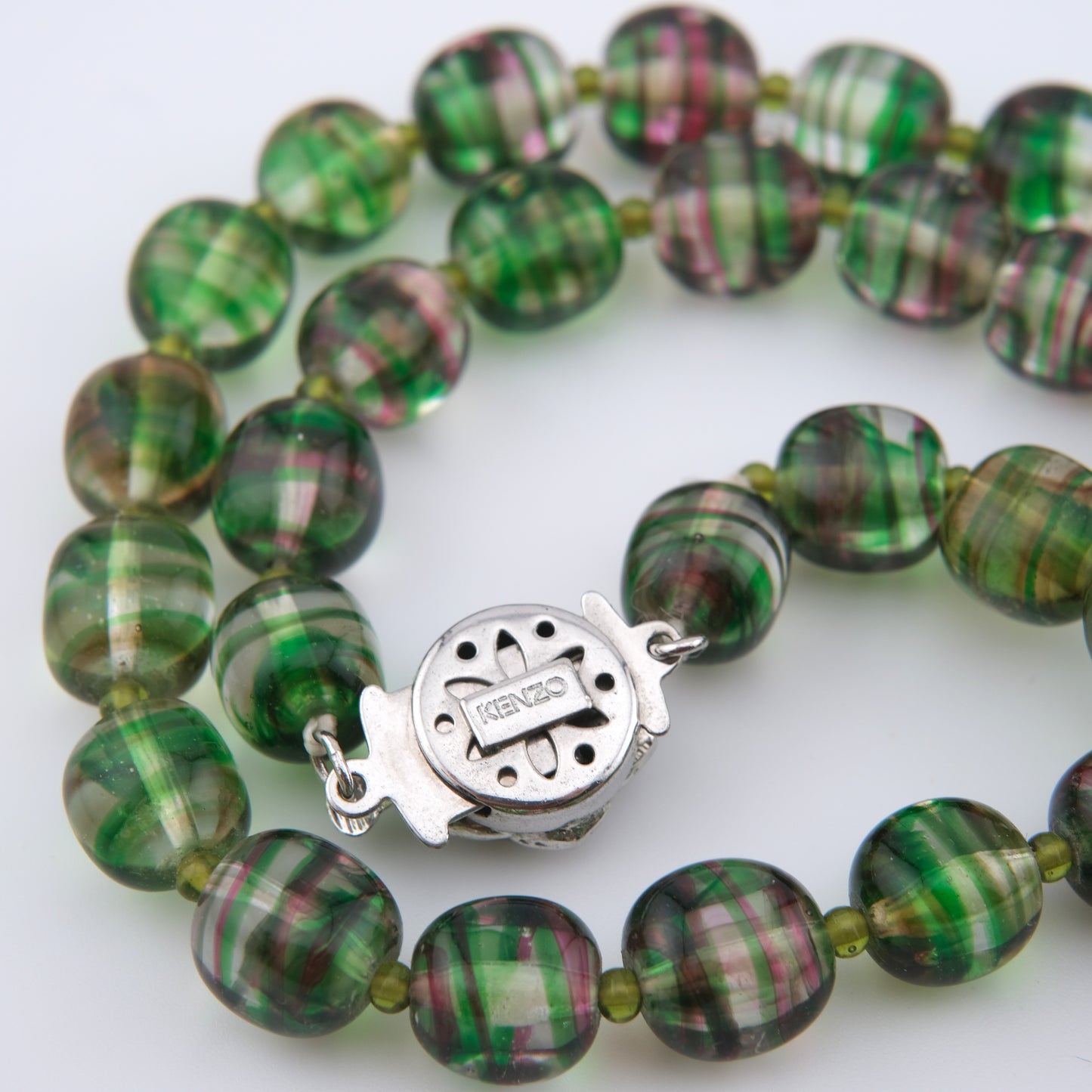 Kenzo Glass Beaded Necklace – Striped Green & Pink Beads – 16” – Vintage Designer Jewelry
