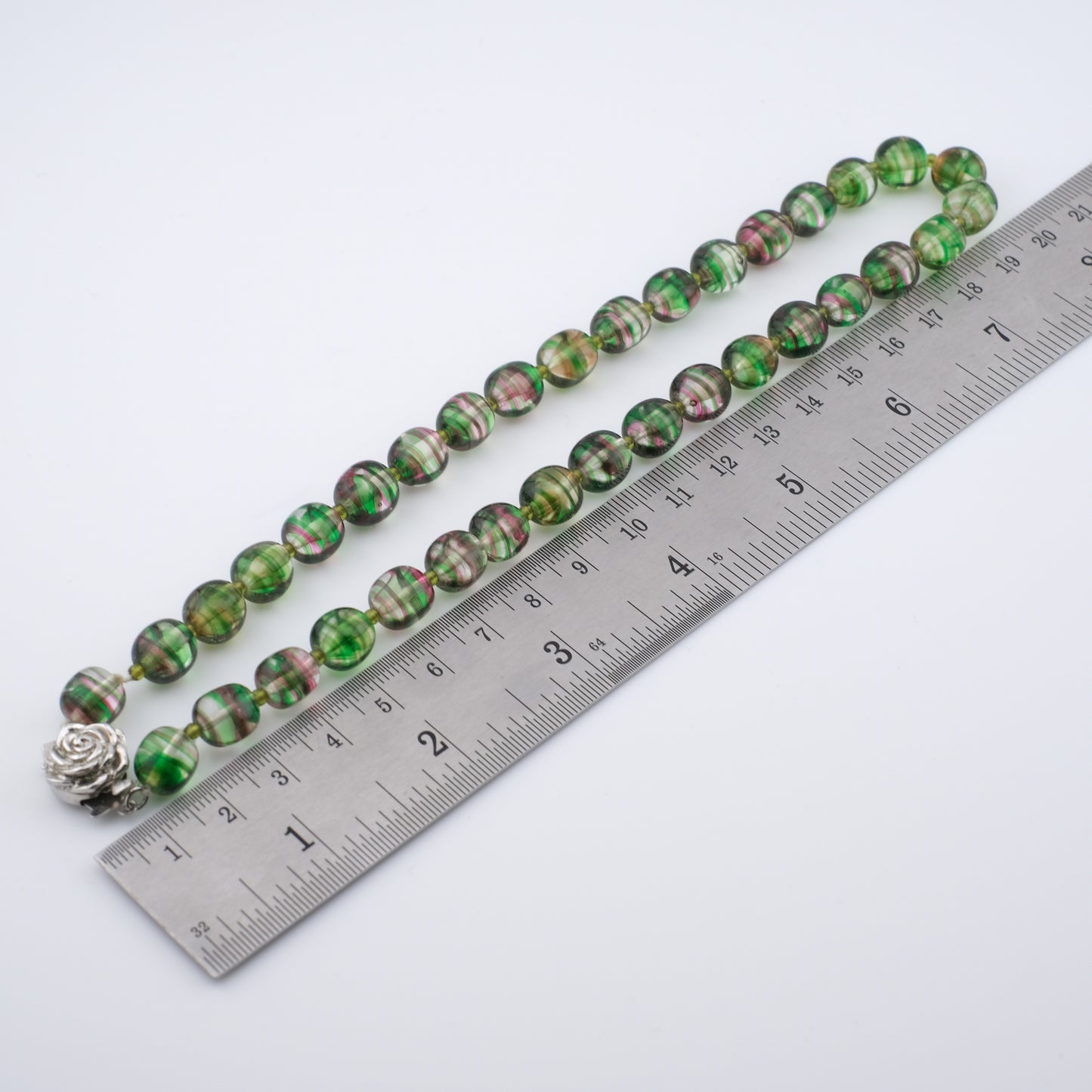 Kenzo Glass Beaded Necklace – Striped Green & Pink Beads – 16” – Vintage Designer Jewelry