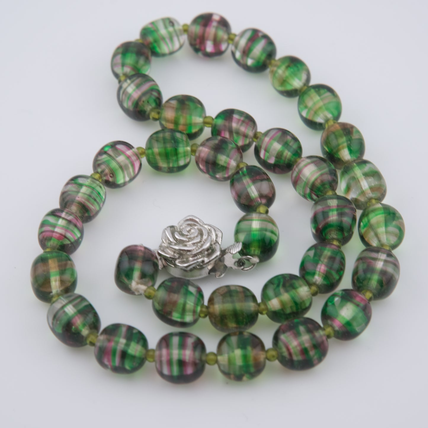 Kenzo Glass Beaded Necklace – Striped Green & Pink Beads – 16” – Vintage Designer Jewelry
