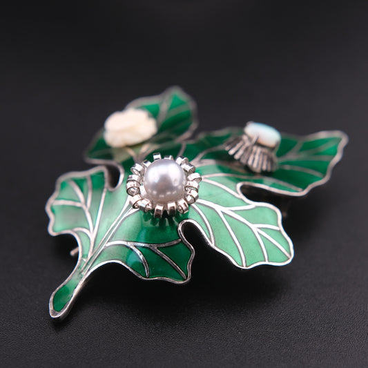 ❤️ Vintage High Silver Botanical Leaf Brooch with Opal & Pearl Accents