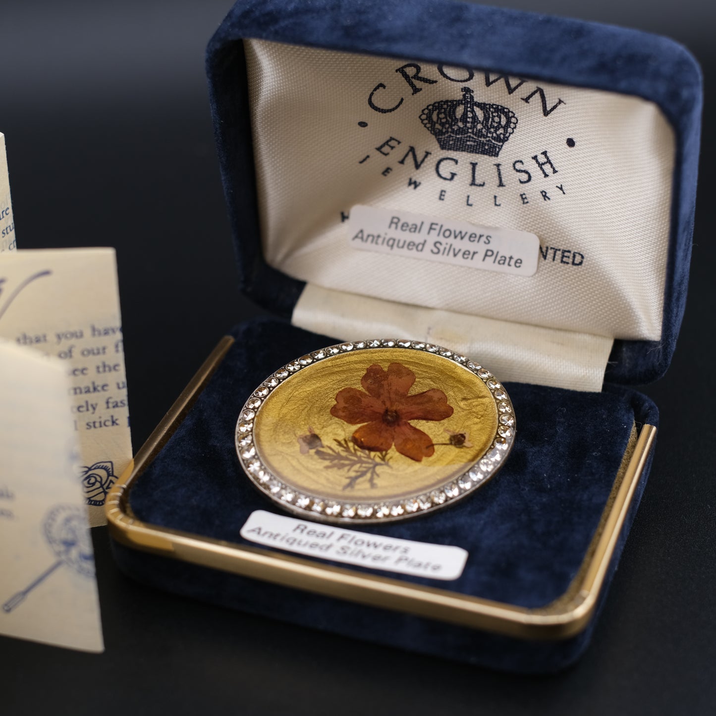Vintage Pierre Bex Pressed Flower Brooch | Signed | Rhinestone Border | Crown English Jewellery Box