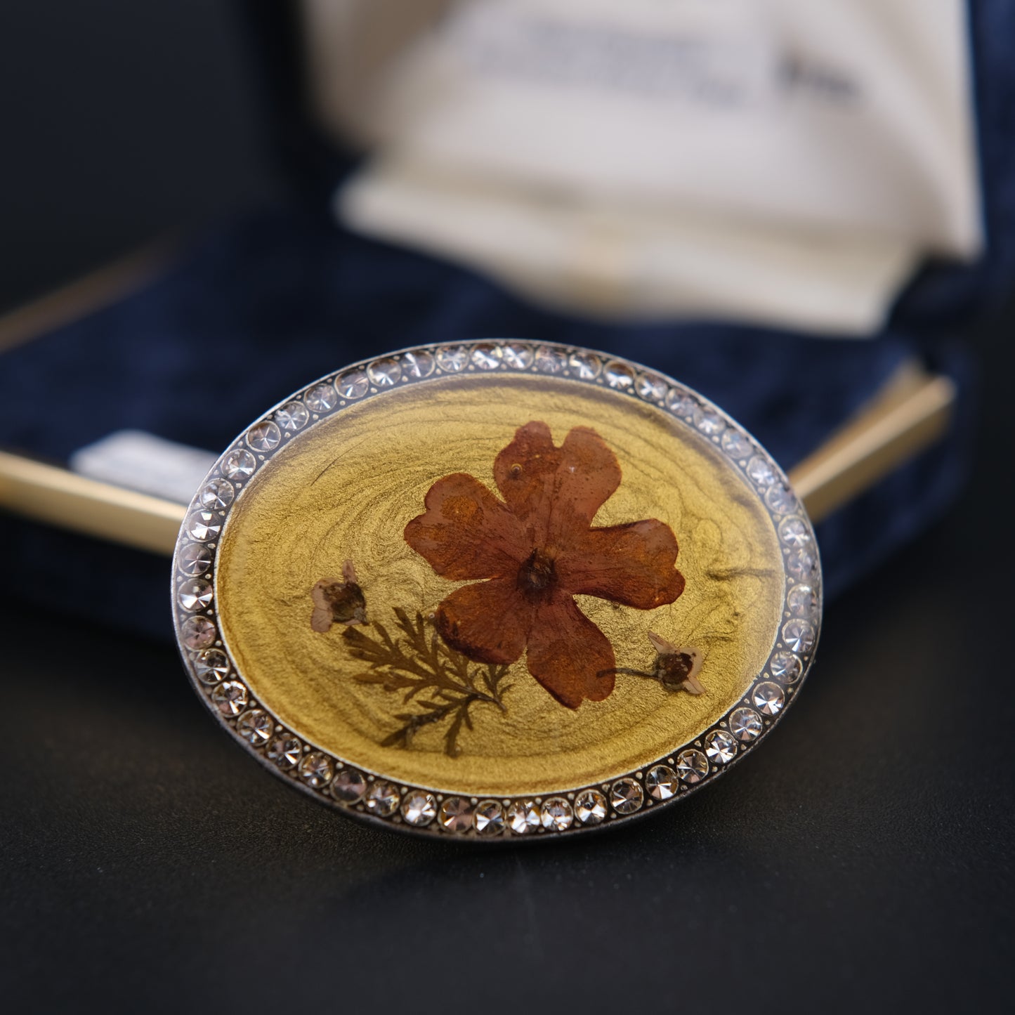 Vintage Pierre Bex Pressed Flower Brooch | Signed | Rhinestone Border | Crown English Jewellery Box