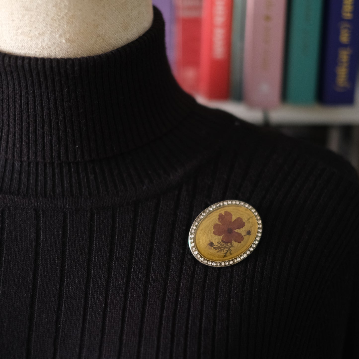 Vintage Pierre Bex Pressed Flower Brooch | Signed | Rhinestone Border | Crown English Jewellery Box