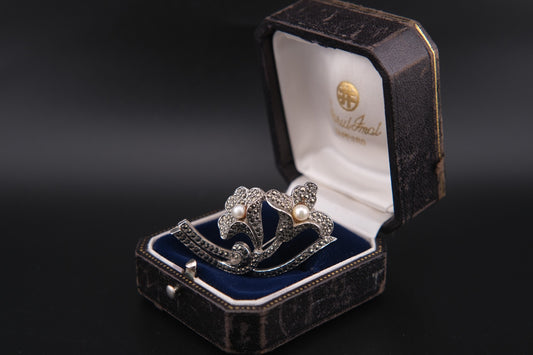 Vintage Sphinx Sterling Silver Floral Brooch with Marcasite & Pearl Accents
