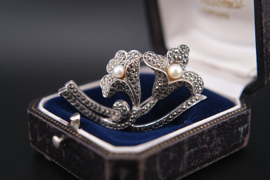 Vintage Sphinx Sterling Silver Floral Brooch with Marcasite & Pearl Accents