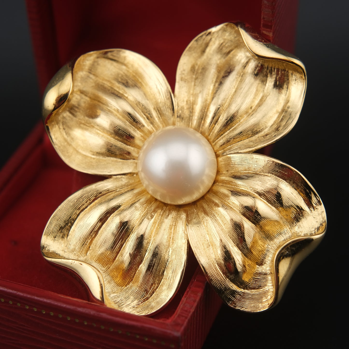 Vintage Trifari Dogwood Flower Brooch – Gold-Tone with Faux Pearl Center