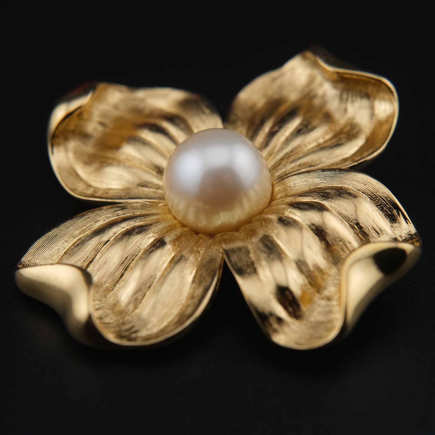 Vintage Trifari Dogwood Flower Brooch – Gold-Tone with Faux Pearl Center