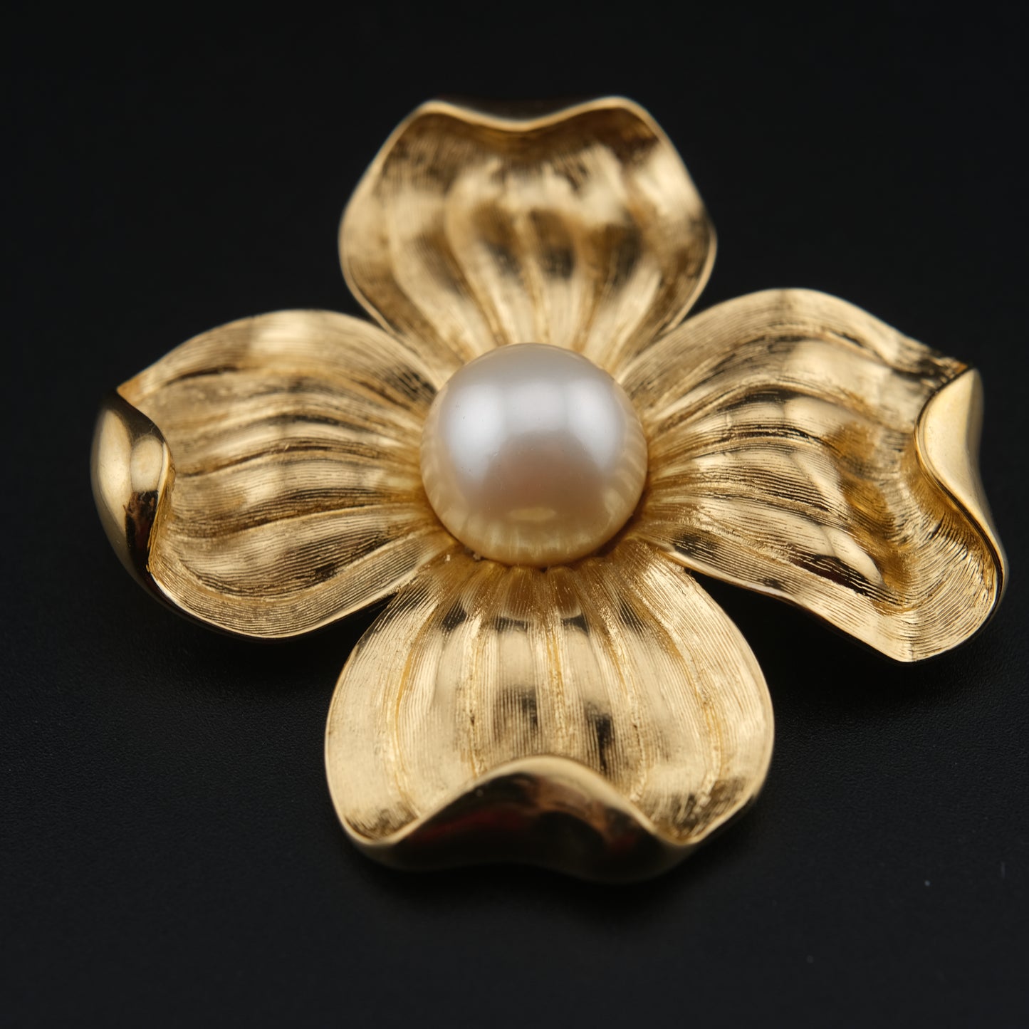 Vintage Trifari Dogwood Flower Brooch – Gold-Tone with Faux Pearl Center