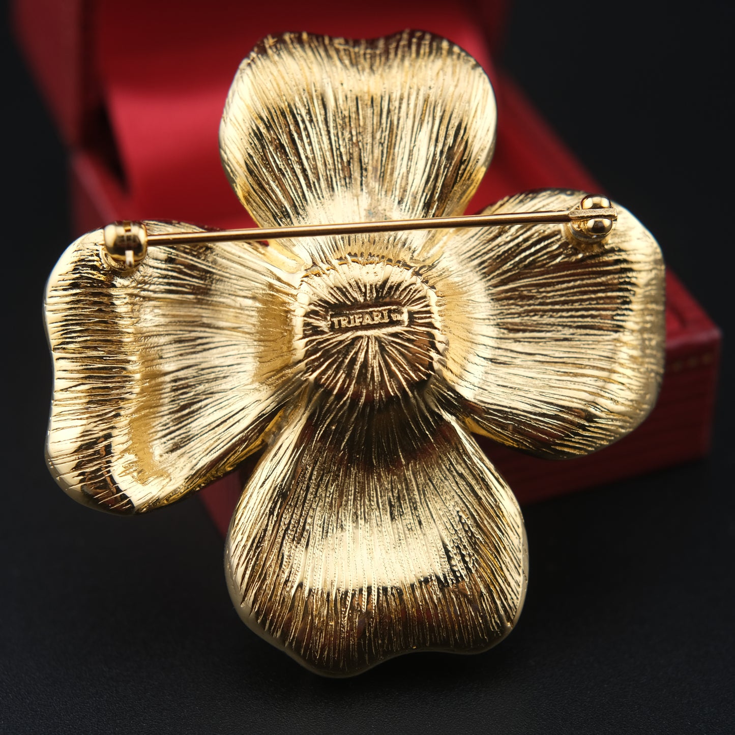 Vintage Trifari Dogwood Flower Brooch – Gold-Tone with Faux Pearl Center