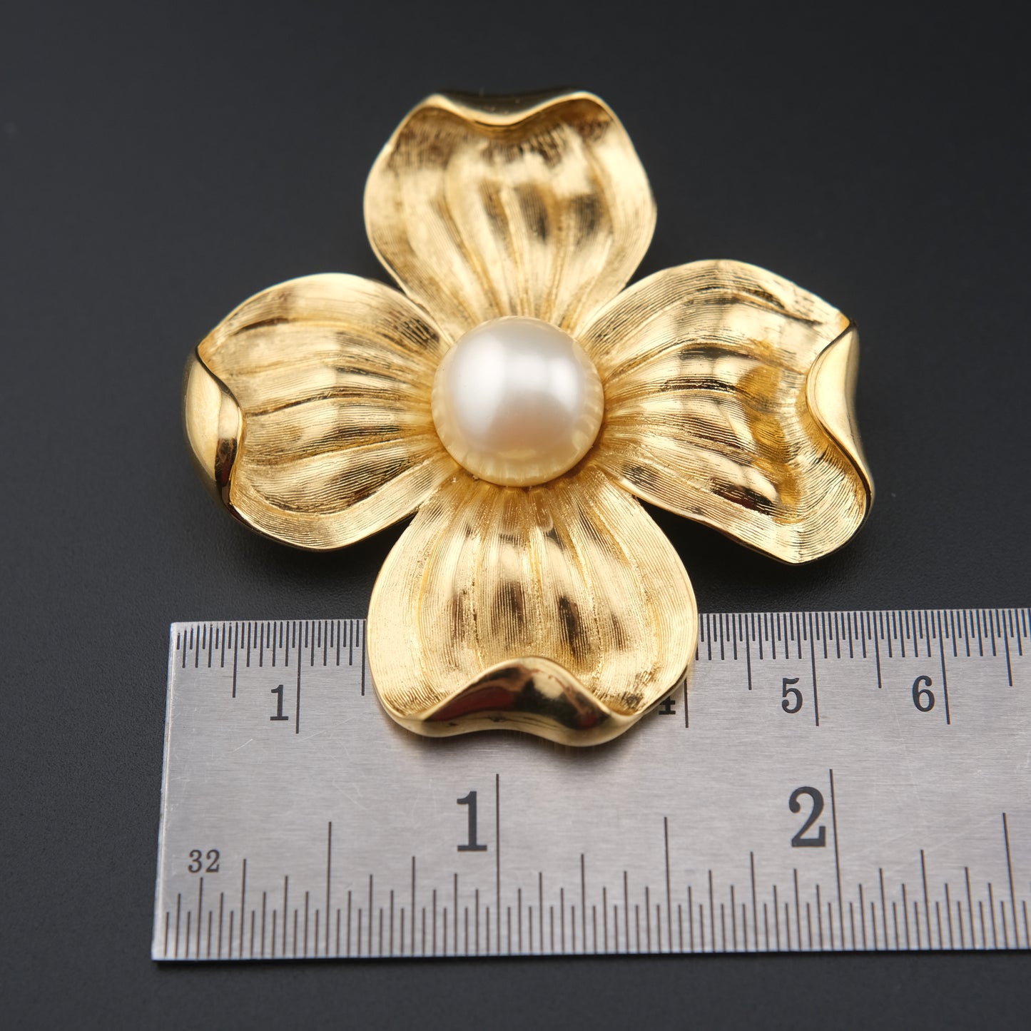 Vintage Trifari Dogwood Flower Brooch – Gold-Tone with Faux Pearl Center