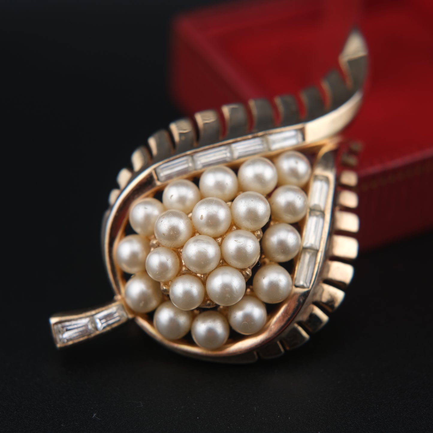 Vintage Crown Trifari Leaf Brooch – Faux Pearl & Baguette Rhinestone Cluster in Gold-Tone