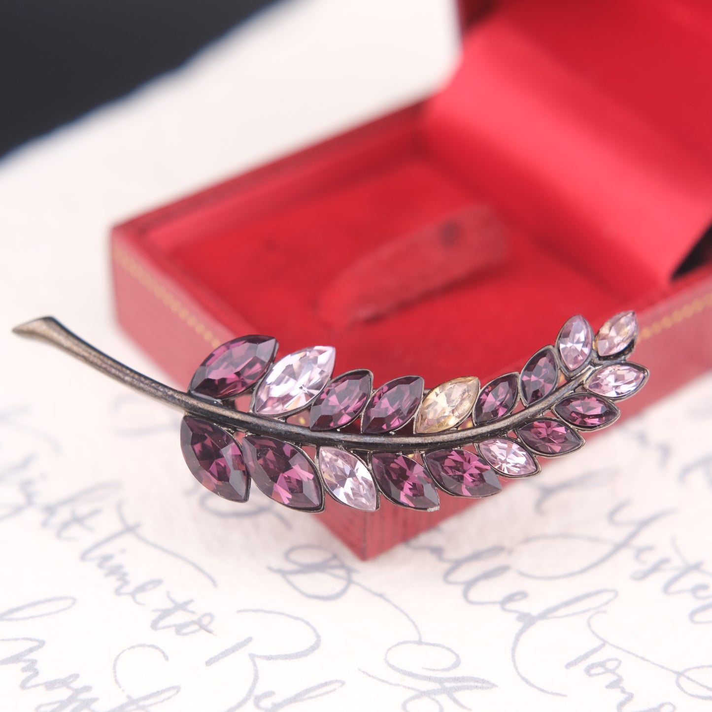 Vintage Givenchy Leaf Brooch – Purple & Lilac Crystal Rhinestones