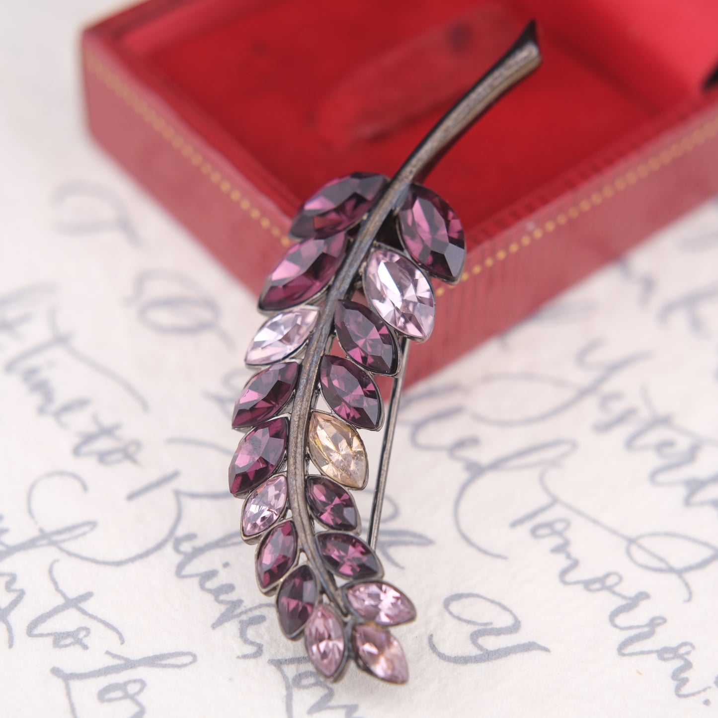 Vintage Givenchy Leaf Brooch – Purple & Lilac Crystal Rhinestones