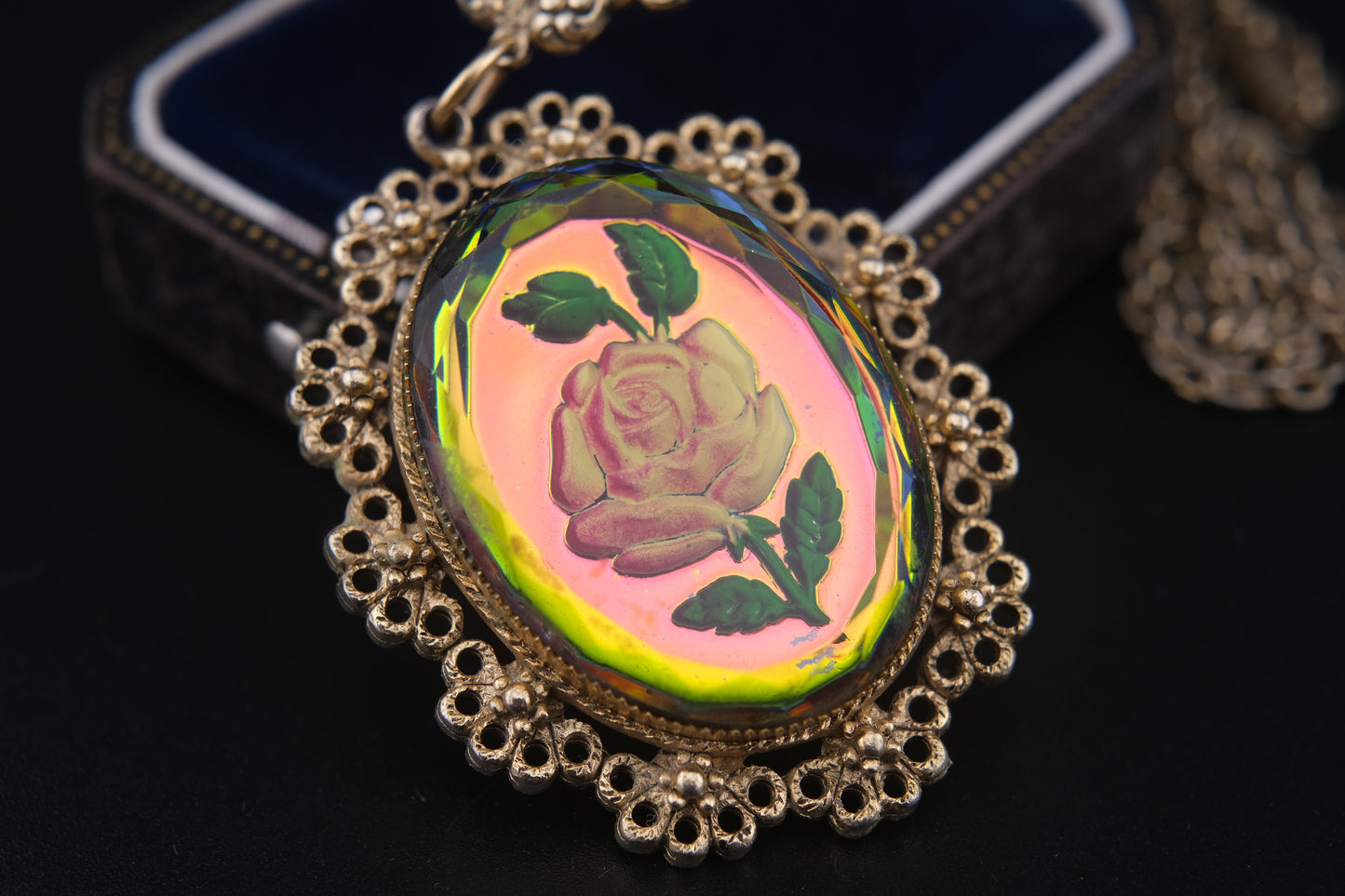 Vintage Reverse Carved Glass Rose Pendant Necklace – Iridescent Pink Floral Statement Jewelry, 26" Chain