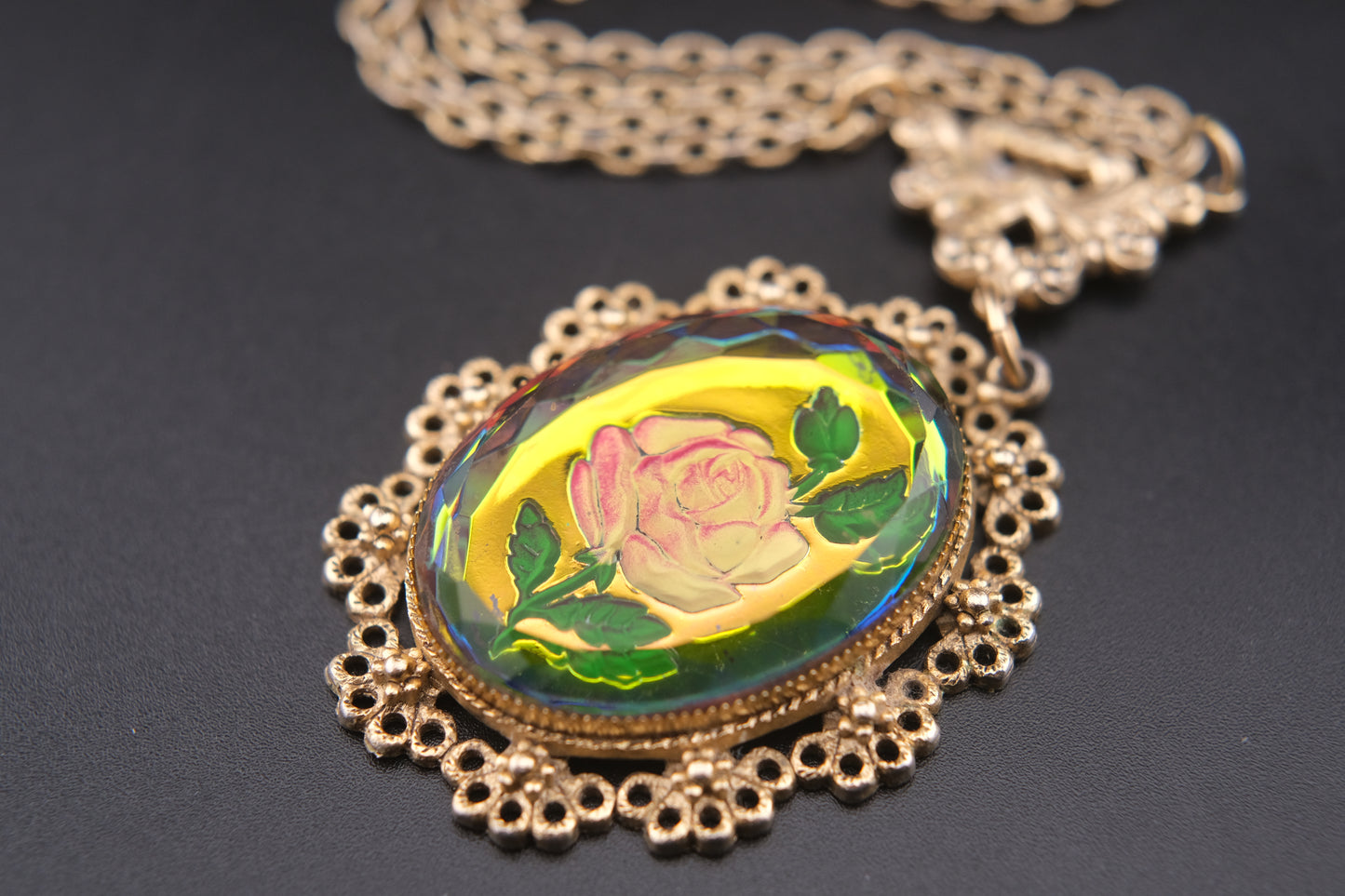 Vintage Reverse Carved Glass Rose Pendant Necklace – Iridescent Pink Floral Statement Jewelry, 26" Chain