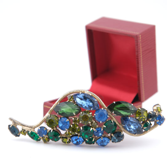 Dramatic 1950s Royal Blue, Olivine & Emerald Green Rhinestone Statement Brooch – 4" Long, Unsigned Mid-Century Beauty