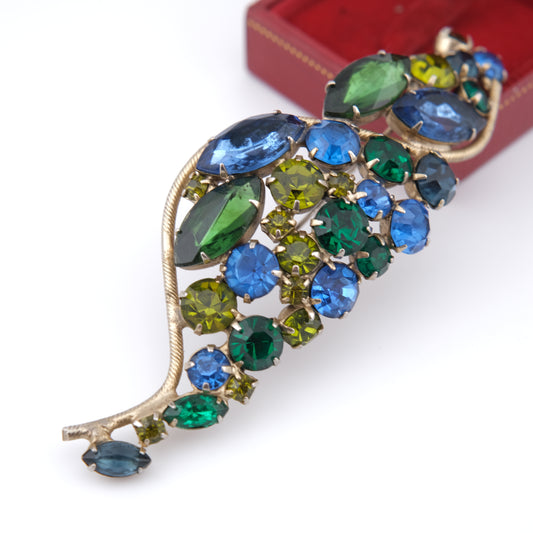 Dramatic 1950s Royal Blue, Olivine & Emerald Green Rhinestone Statement Brooch – 4" Long, Unsigned Mid-Century Beauty