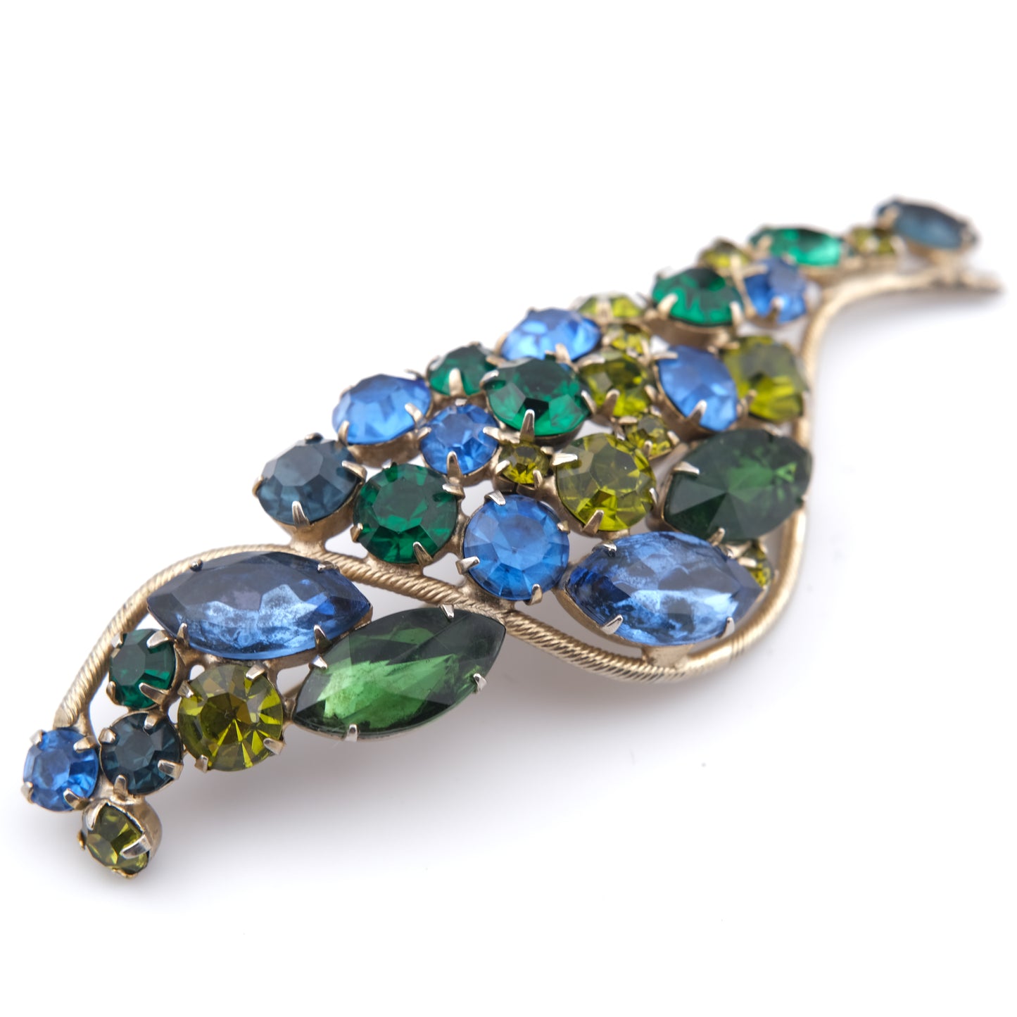 Dramatic 1950s Royal Blue, Olivine & Emerald Green Rhinestone Statement Brooch – 4" Long, Unsigned Mid-Century Beauty