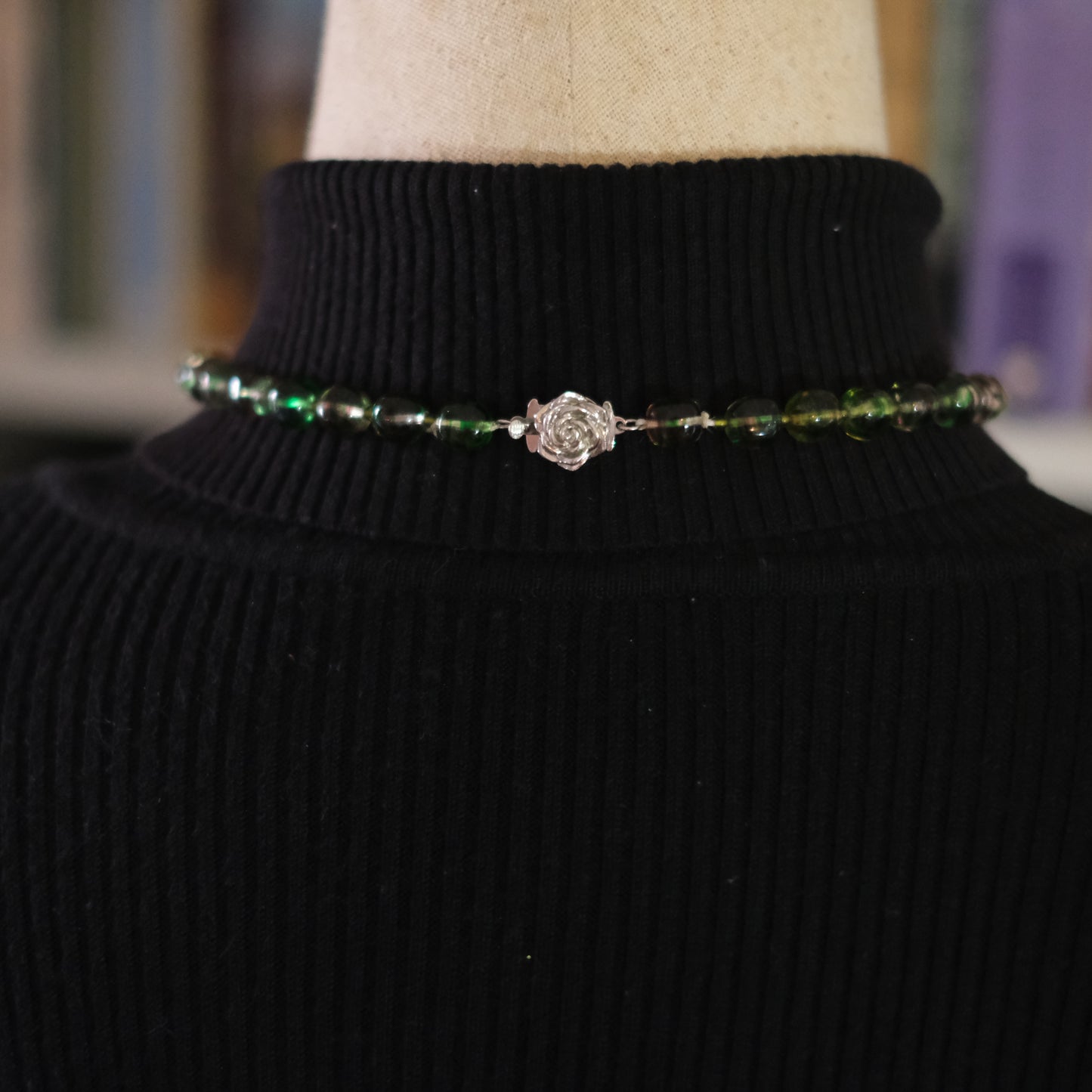 Kenzo Glass Beaded Necklace – Striped Green & Pink Beads – 16” – Vintage Designer Jewelry