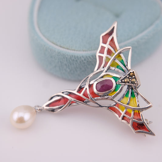 Vintage Art Nouveau Sterling Silver Ruby, Pearl & Marcasite Plique-à-Jour Enamel Brooch