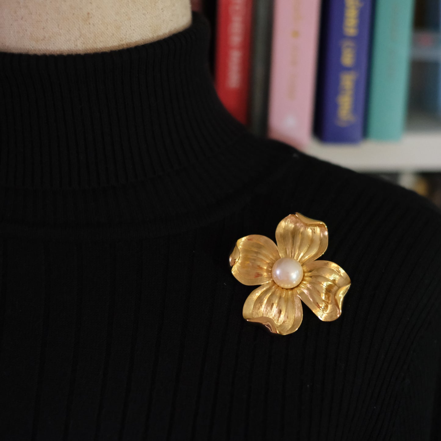 Vintage Trifari Dogwood Flower Brooch – Gold-Tone with Faux Pearl Center
