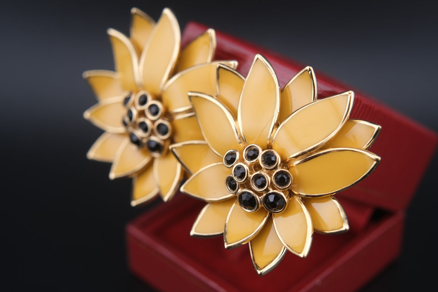 Vintage CINER Floral Clip-On Earrings – Gold-Tone with Golden Yellow Enamel and Black Rhinestones