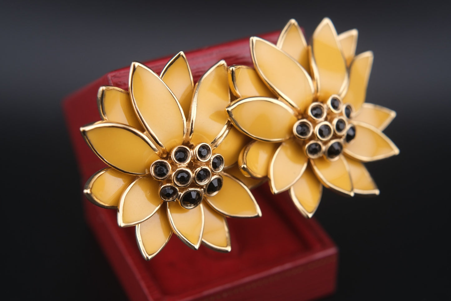 Vintage CINER Floral Clip-On Earrings – Gold-Tone with Golden Yellow Enamel and Black Rhinestones