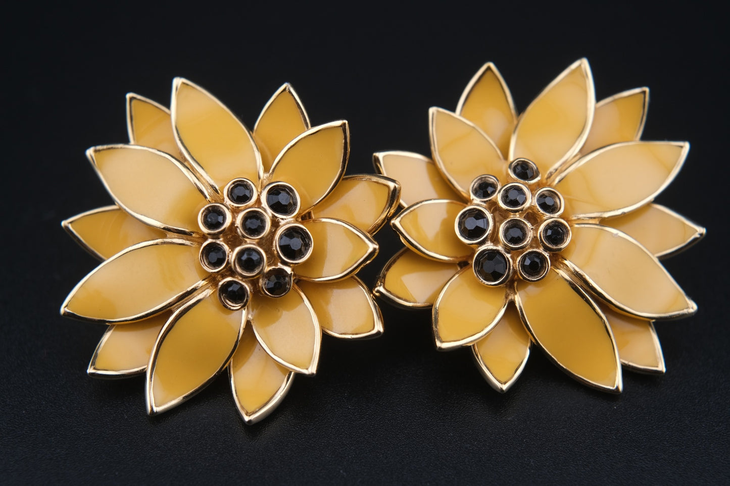 Vintage CINER Floral Clip-On Earrings – Gold-Tone with Golden Yellow Enamel and Black Rhinestones