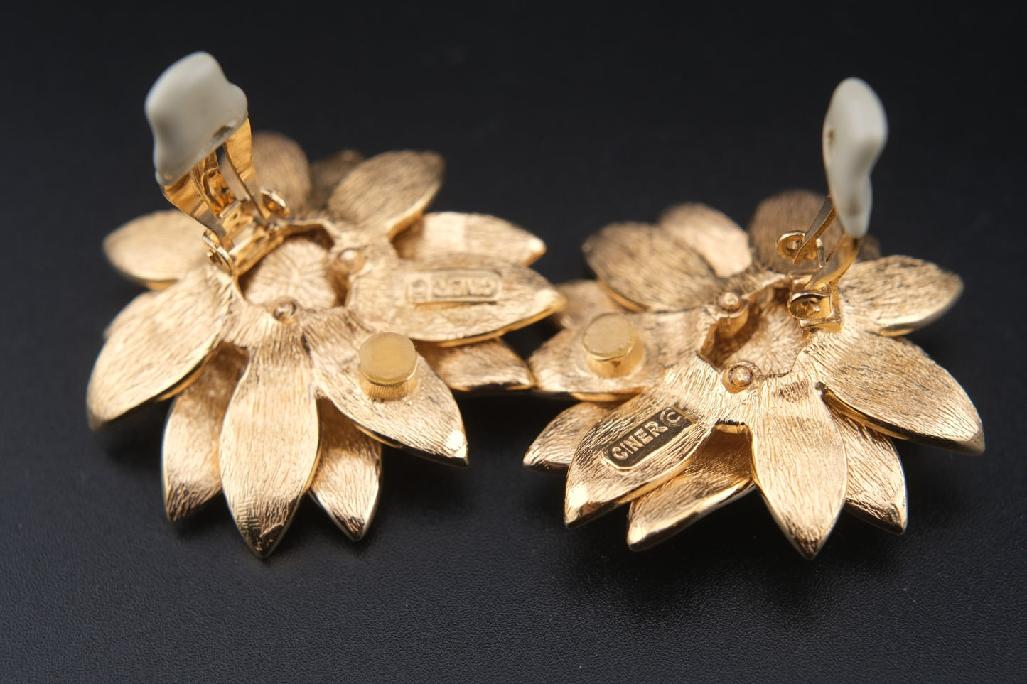 Vintage CINER Floral Clip-On Earrings – Gold-Tone with Golden Yellow Enamel and Black Rhinestones