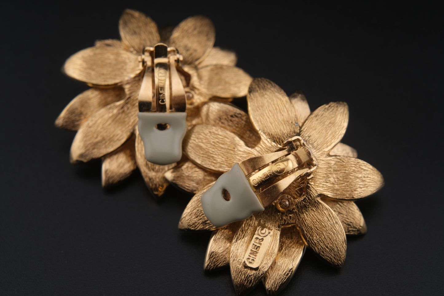 Vintage CINER Floral Clip-On Earrings – Gold-Tone with Golden Yellow Enamel and Black Rhinestones