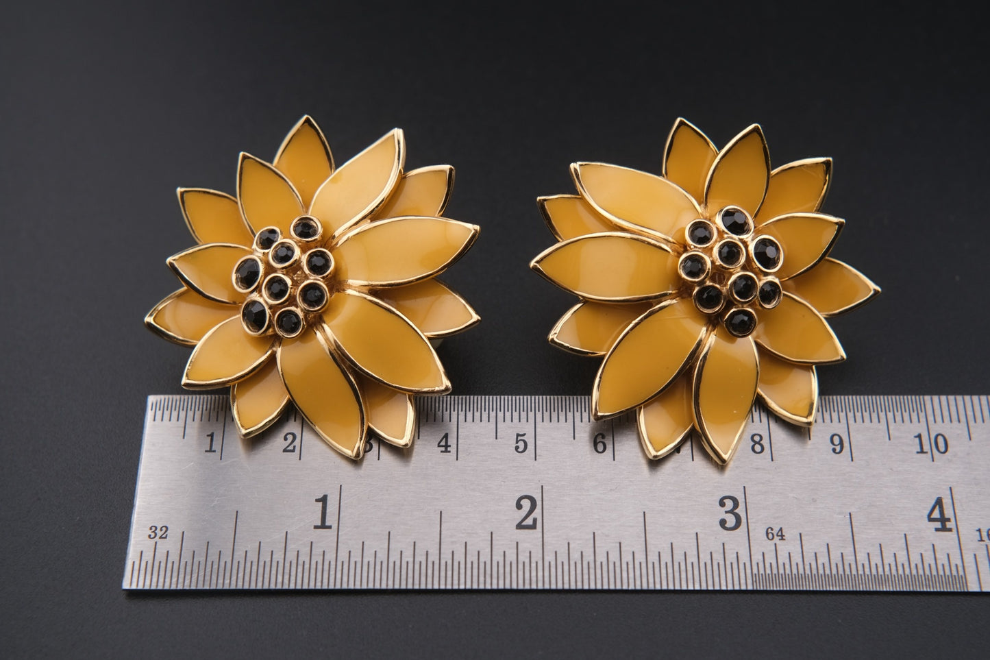 Vintage CINER Floral Clip-On Earrings – Gold-Tone with Golden Yellow Enamel and Black Rhinestones