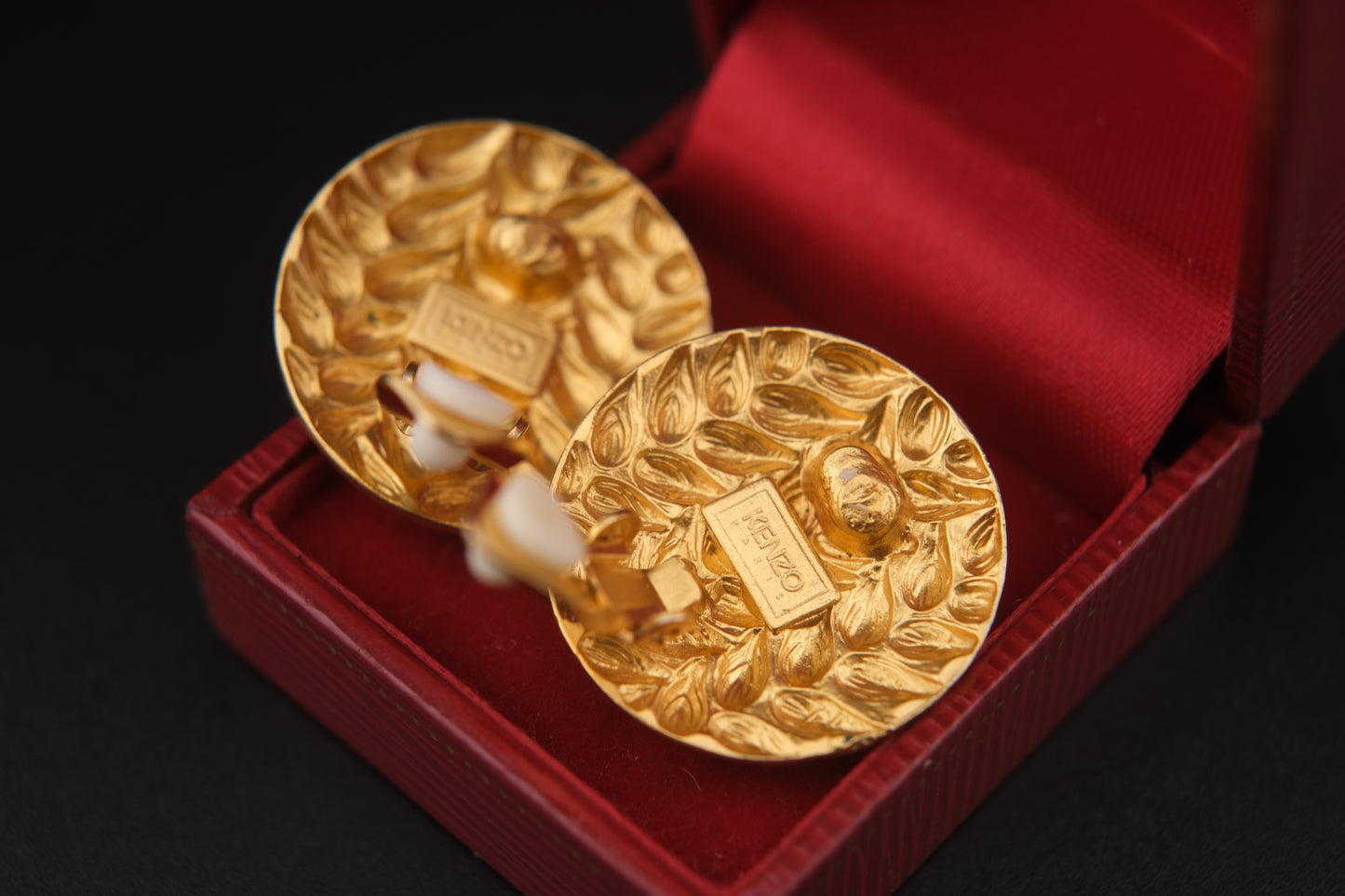 Vintage Kenzo Paris Clip-On Earrings – Textured Round Gold-Tone Statement Design