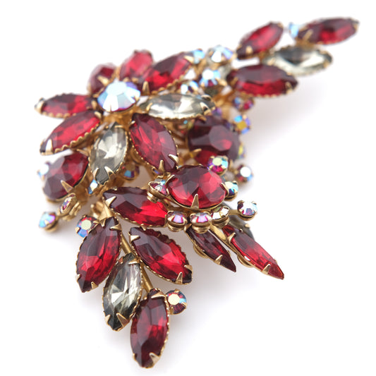 ❤️ Vintage Ruby Red Rhinestone Floral Spray Brooch with Aurora Borealis Accents
