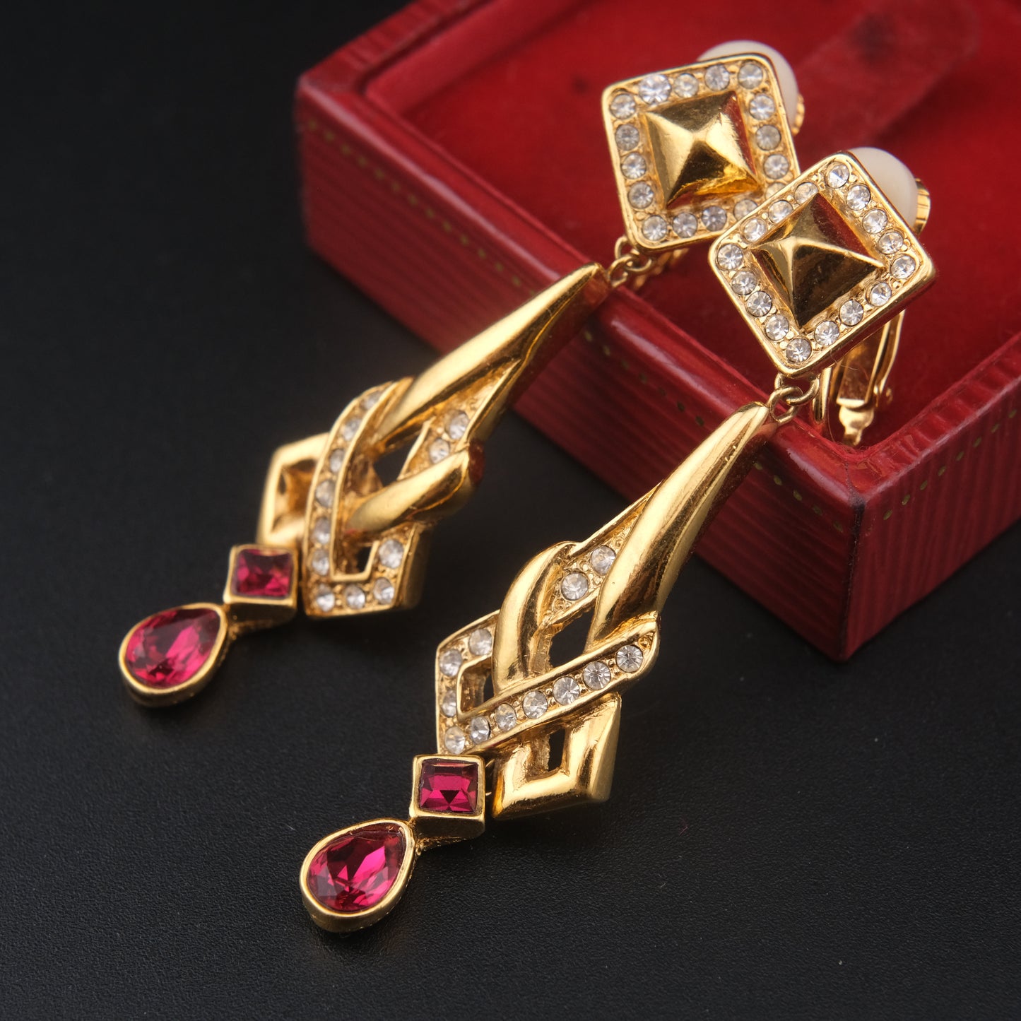 Vintage Attwood UK Red & Clear Crystal Dangle Clip-On Earrings – Bold 1980s Geometric Design