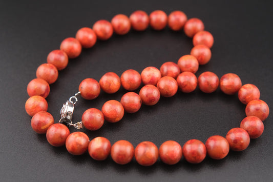 Vintage Natural Red Coral Bead Necklace with Sterling Silver Rose Clasp