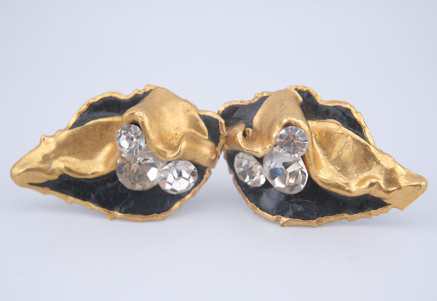 Vintage 1980 Lacombe Ceramic Clip-On Earrings – Gold & Black Enamel Abstract Design with Rhinestones
