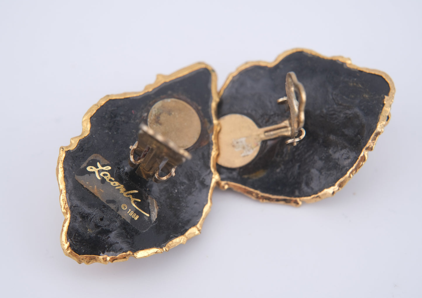 Vintage 1980 Lacombe Ceramic Clip-On Earrings – Gold & Black Enamel Abstract Design with Rhinestones